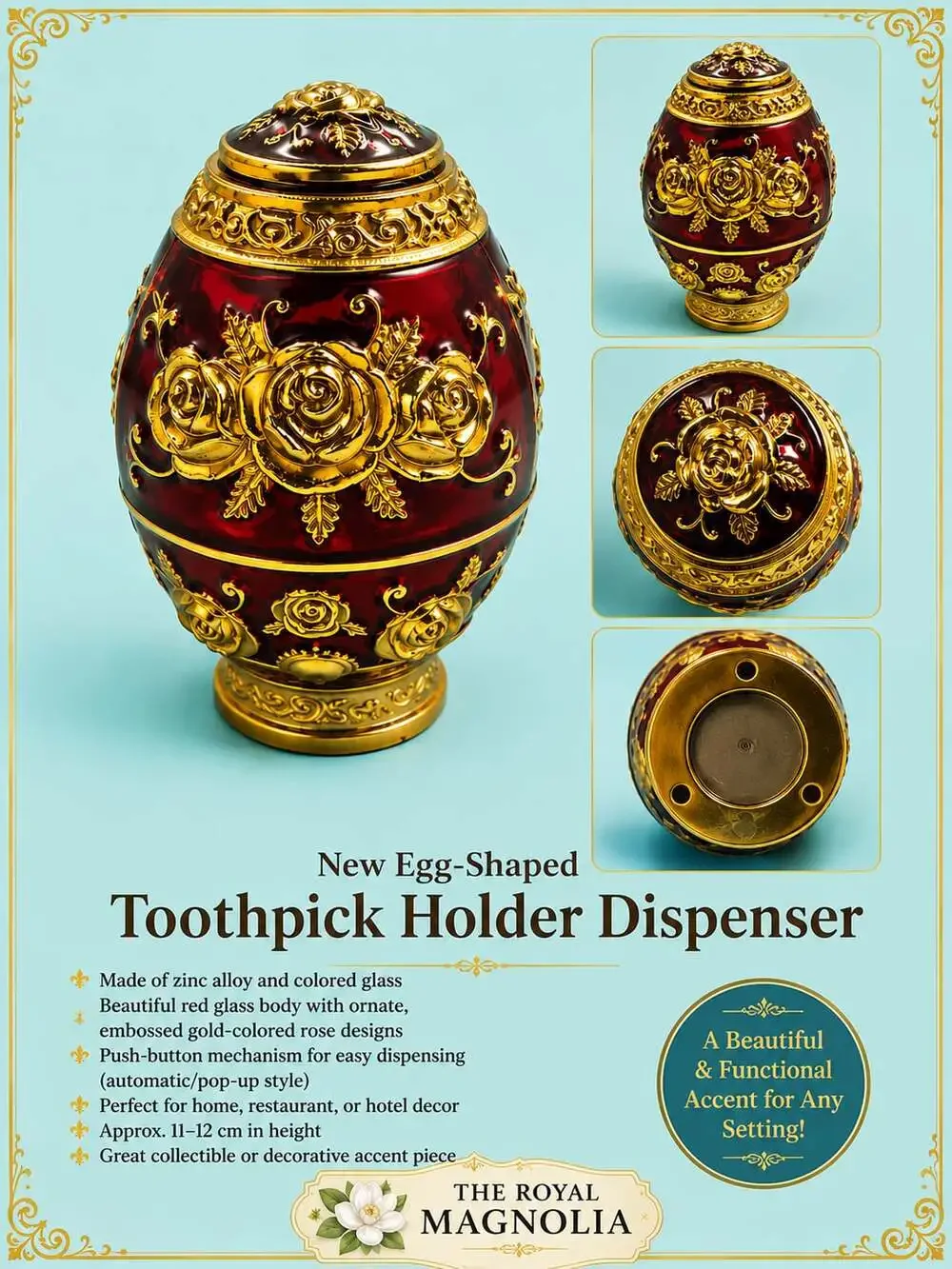 The Royal Magnolia Egg-Shaped Automatic Push-Button Toothpick Holder Dispenser
